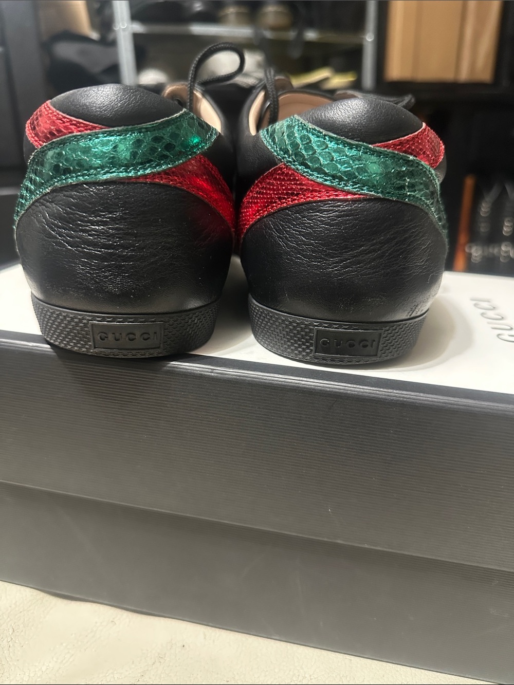 Gucci Black Leather Sneakers with Gold Double G and Red/Green Heel Tabs 13 - Picture 2 of 6